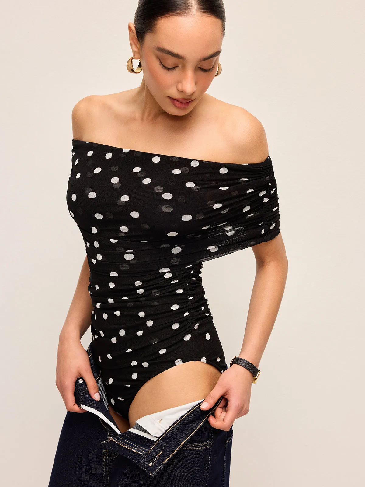 Polka Dot Off-Shoulder Bodysuit sold by COMMENSE product image thumbnail 2