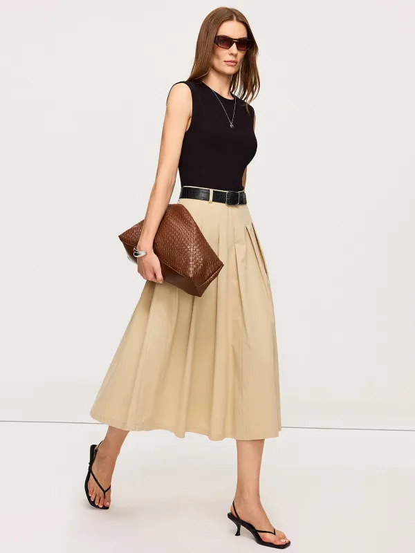 Belted Pleated Two-Tone Midi Dresses sold by COMMENSE