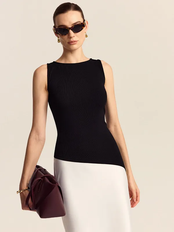 Asymmetric Hem Boat Neck Sleeveless Knit Top sold by COMMENSE