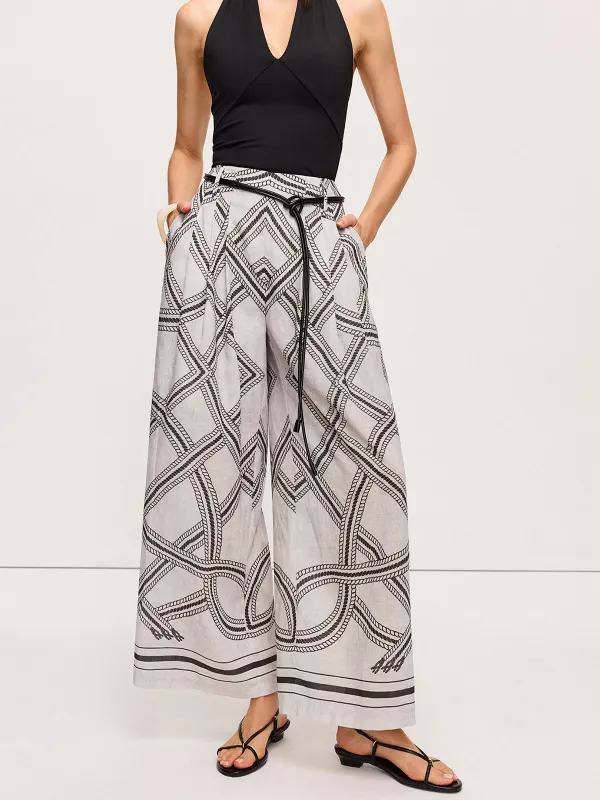 Geometric Print Belted Wide-Leg Pants sold by COMMENSE