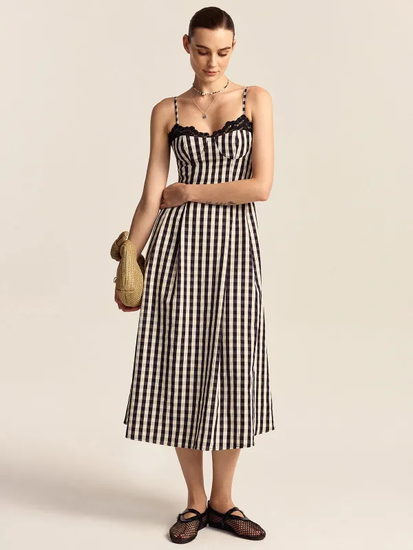 Gingham Spaghetti Strap Midi Dress with Lace Trim sold by COMMENSE