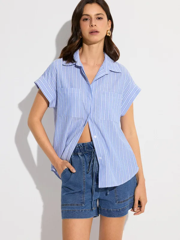 Pocketed Striped Oversized Shirt sold by COMMENSE