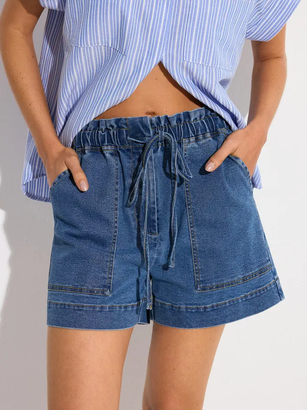 Denim Elastic-Waist Shorts with Drawstring sold by COMMENSE