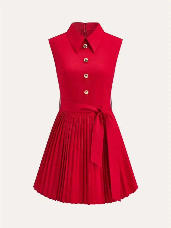 Shirt-Collar Pleated Dress with Belt made by COMMENSE
