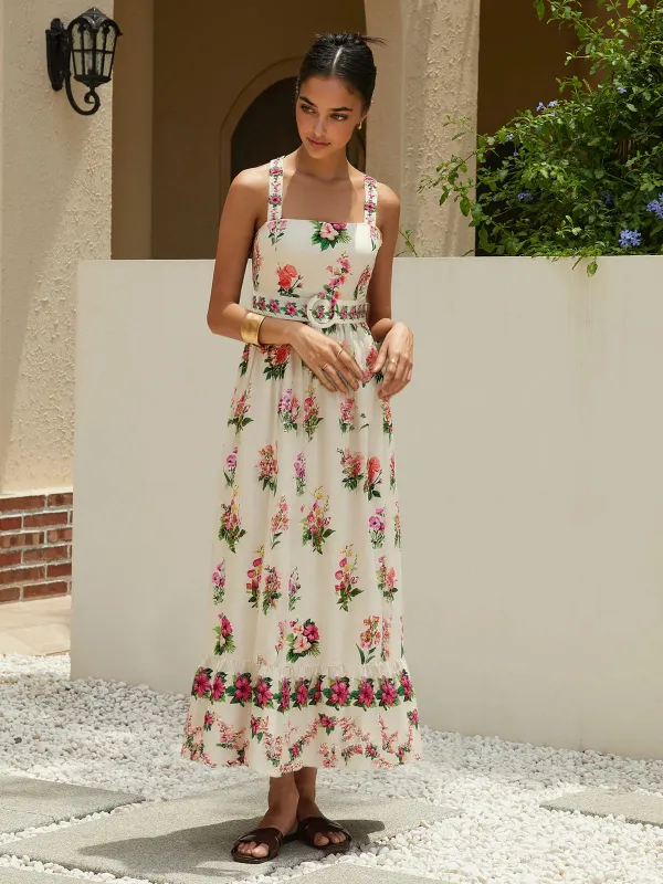Floral Print Belted Midi Dress sold by COMMENSE