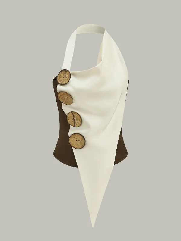 Asymmetrical Halter Top with Large Buttons sold by COMMENSE