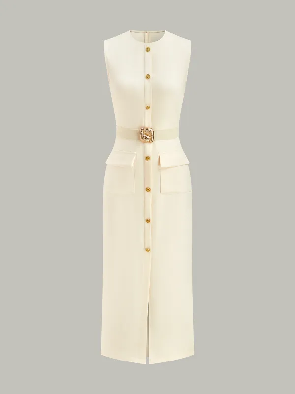 Button-Front Belted Maxi Dress sold by COMMENSE