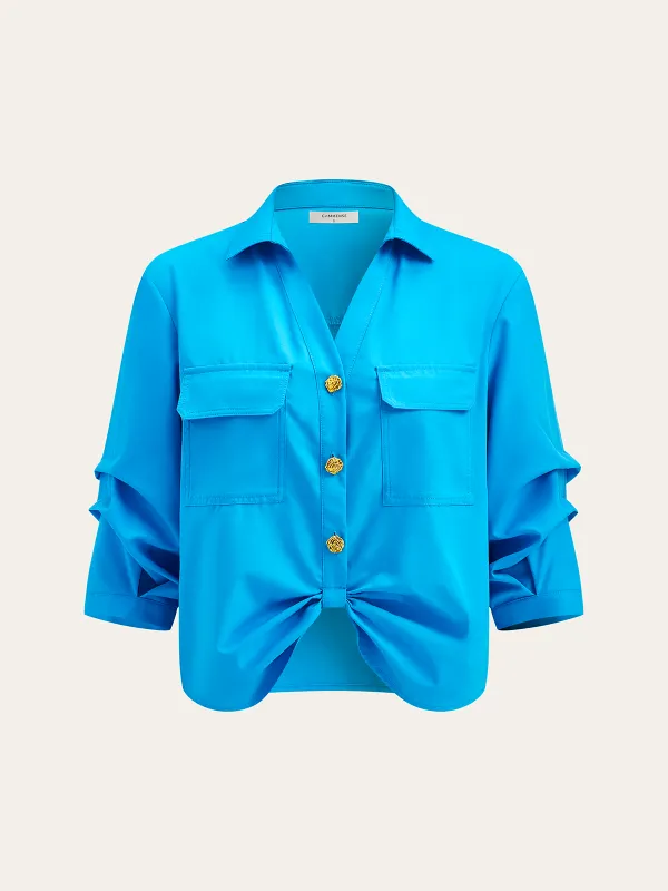 Pocketed Button-Up Blouse with Front Knot sold by COMMENSE