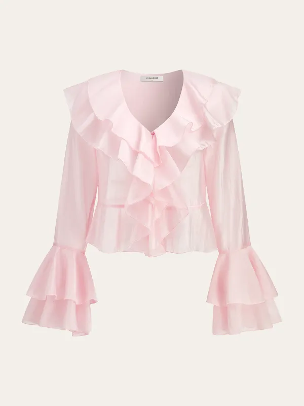 Ruffled V-Neck Bell-Sleeve Top sold by COMMENSE