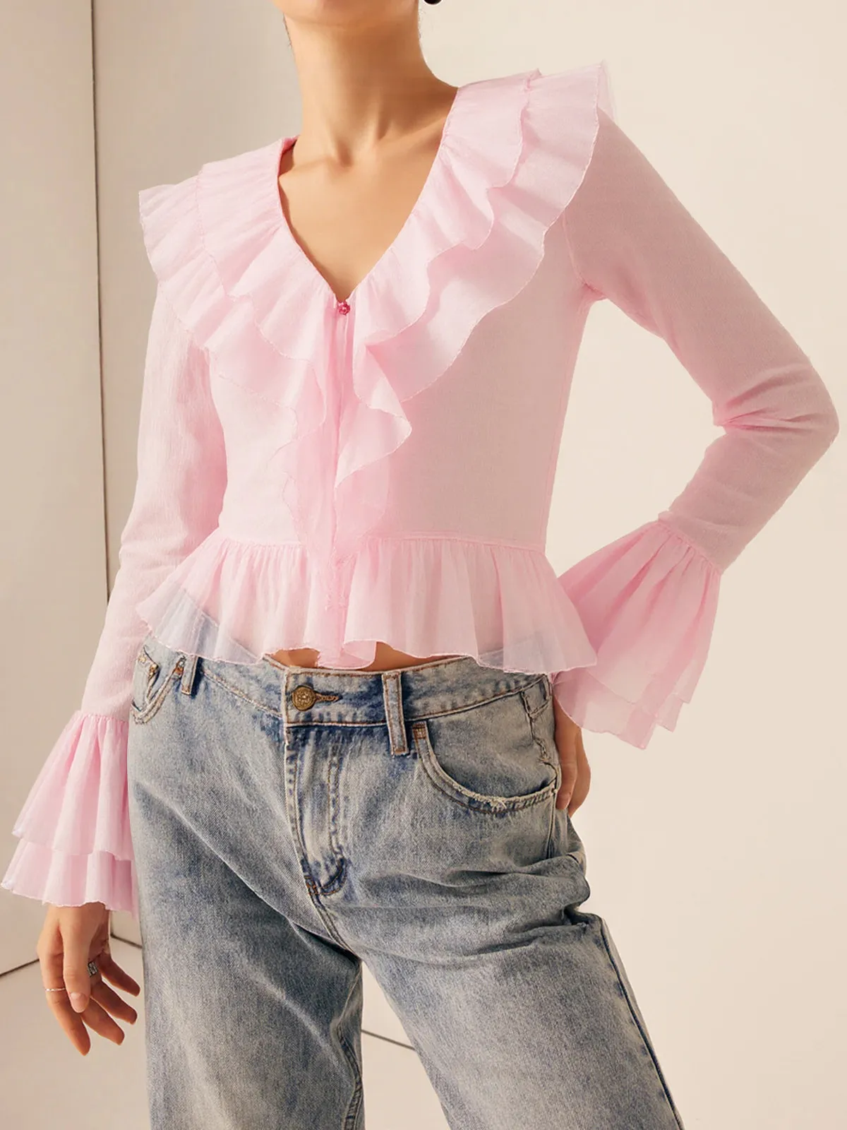Ruffled V-Neck Bell-Sleeve Top sold by COMMENSE product image thumbnail 2