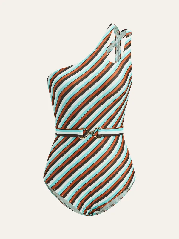 Asymmetrical Striped Belted One-Piece Swimsuit sold by COMMENSE