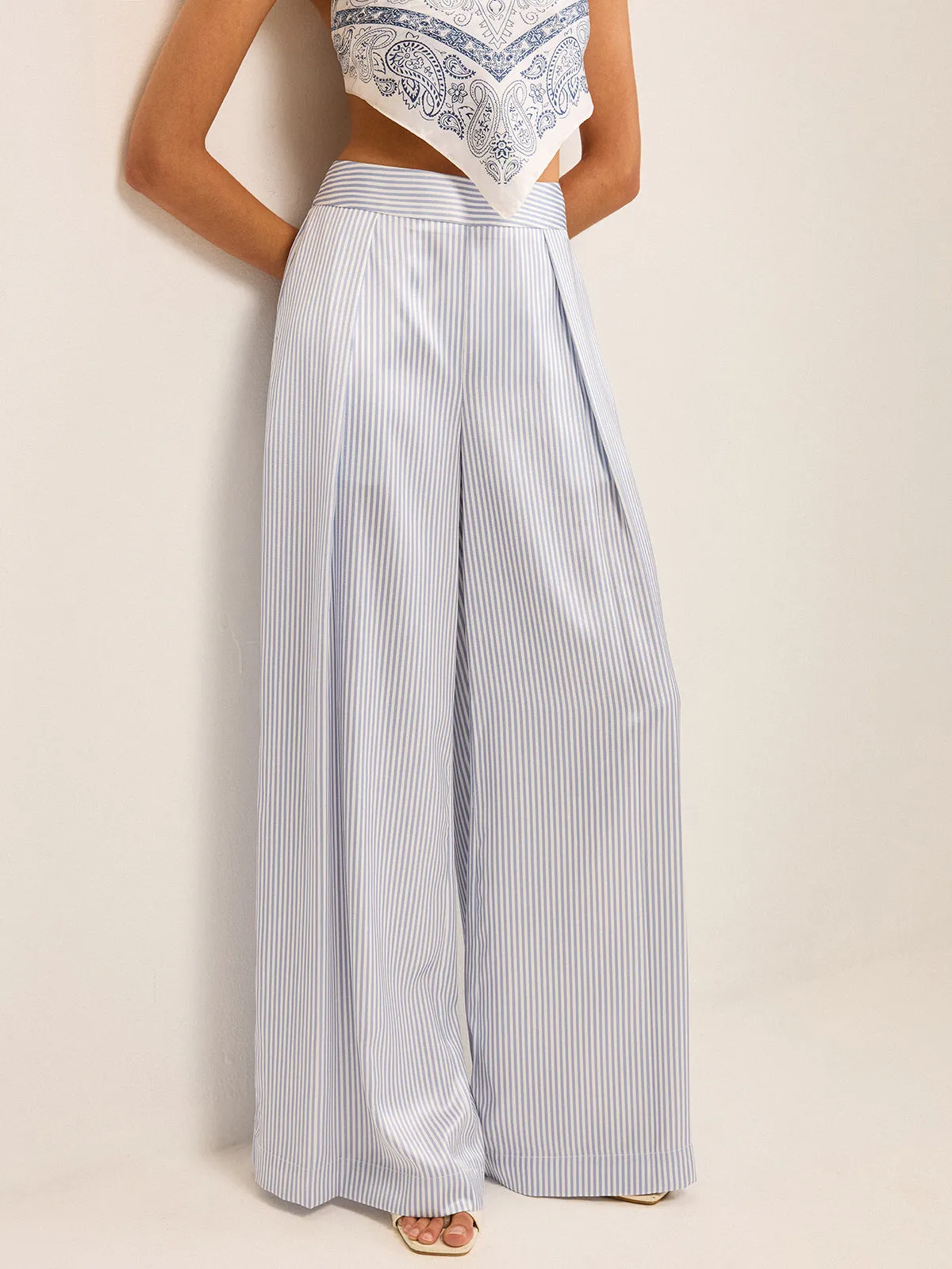 Mid-Waisted Striped Wide-Leg Pants sold by COMMENSE