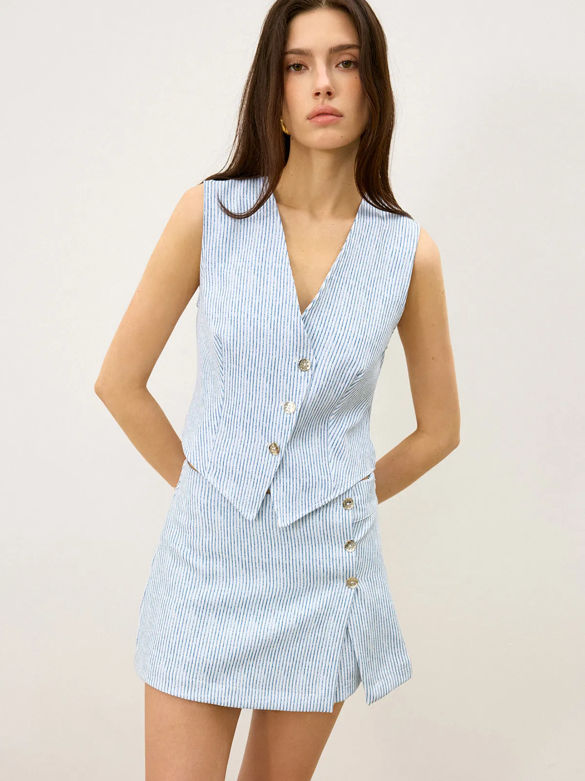 Striped Button-Front Skirt Set sold by COMMENSE