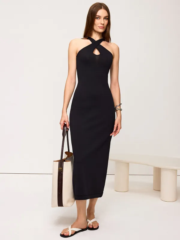 Cross-Over Neckline Knit Maxi Dress sold by COMMENSE