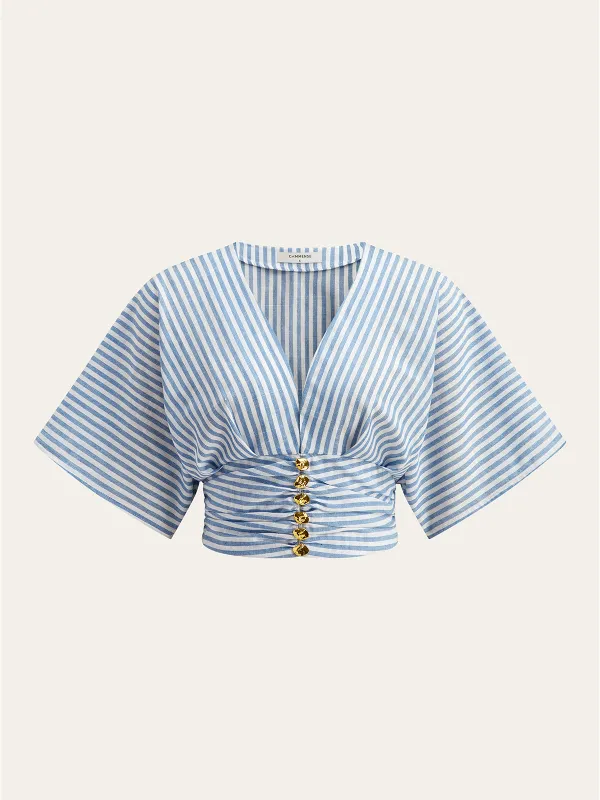 Striped Ruched Metal Decor Blouse sold by COMMENSE