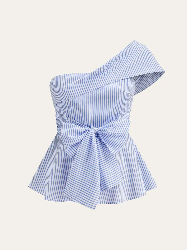 Off-Shoulder Striped Bow Tie Top sold by COMMENSE
