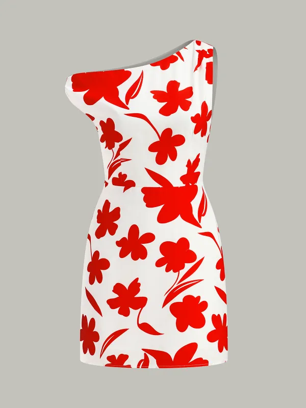 Asymmetrical Floral Print One-Shoulder Dress sold by COMMENSE