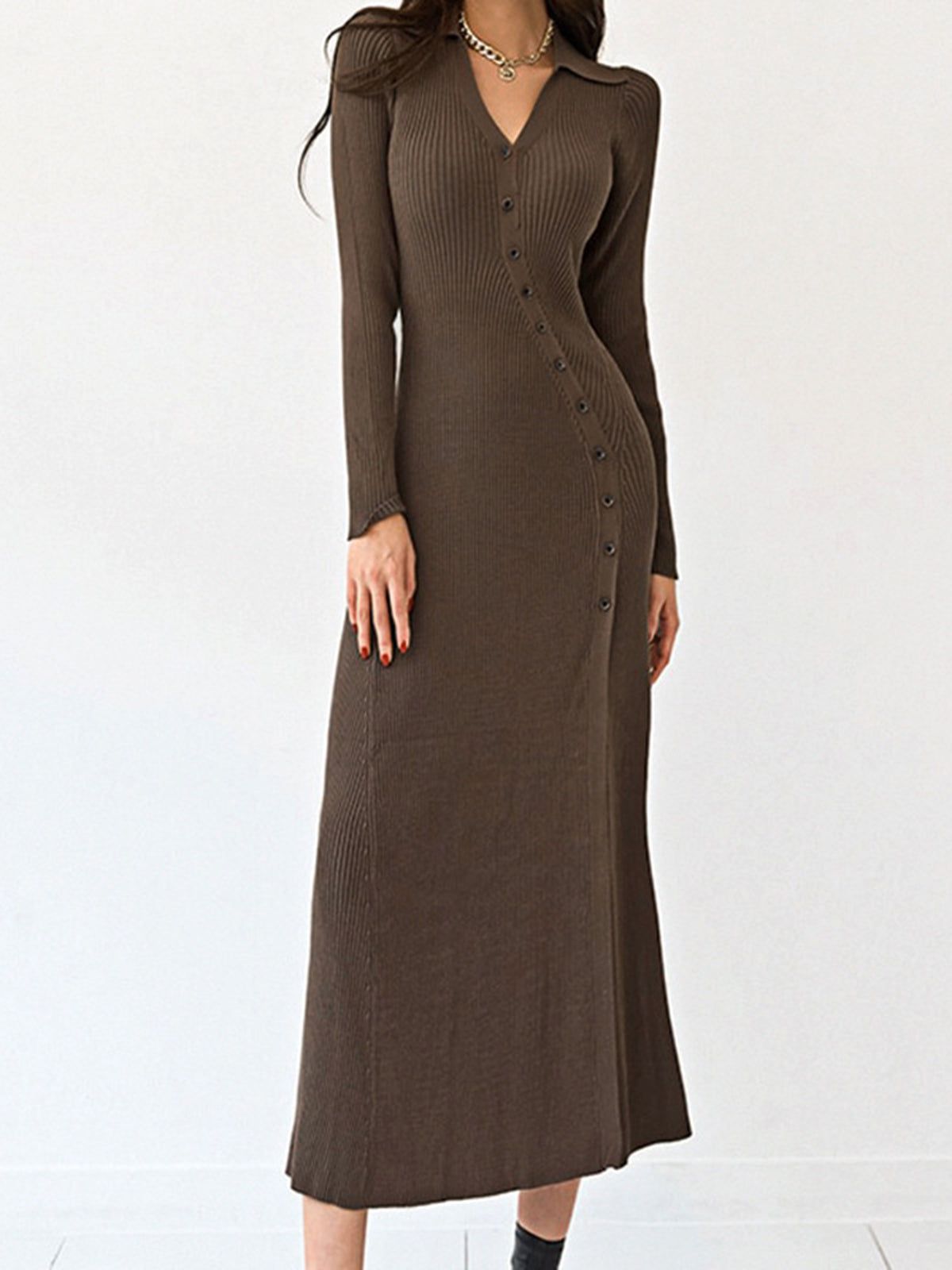 Side Button Rib Flowy Midi Dress sold by COMMENSE