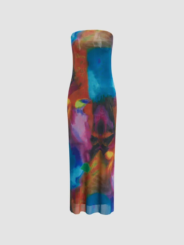 Tulle Printed Mesh Strapless Tube Midi Dress sold by COMMENSE