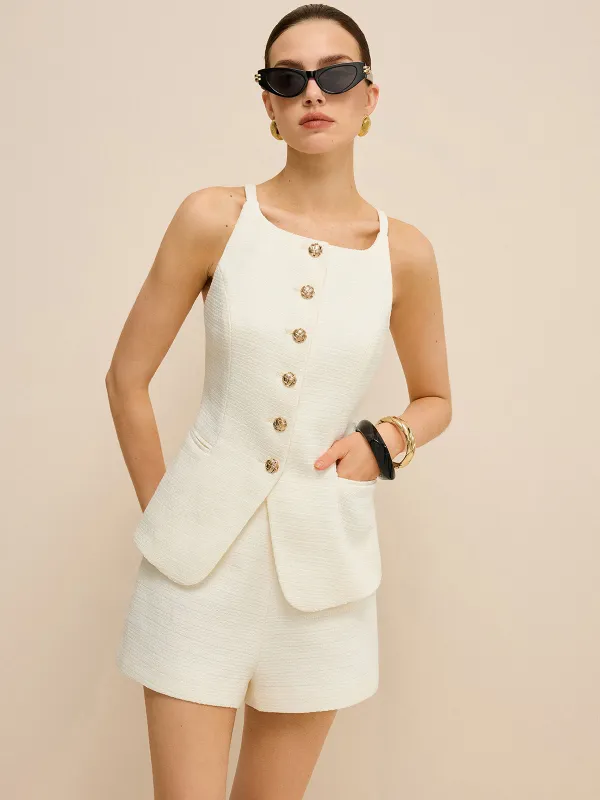Pocketed Tweed Metal Button Shorts Set sold by COMMENSE