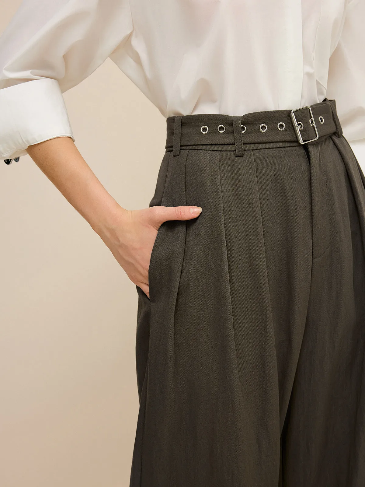 Army Green Belted Pleated Wide-Leg Pants sold by COMMENSE product image thumbnail 5