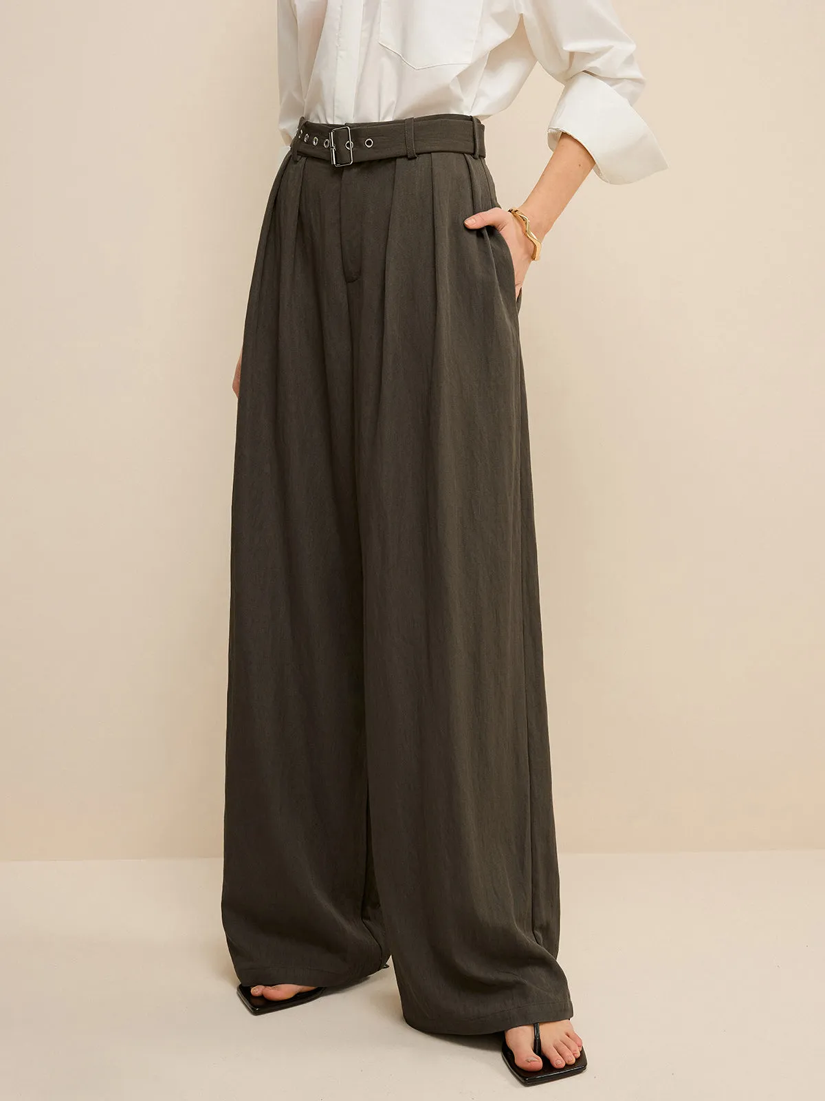 Army Green Belted Pleated Wide-Leg Pants sold by COMMENSE