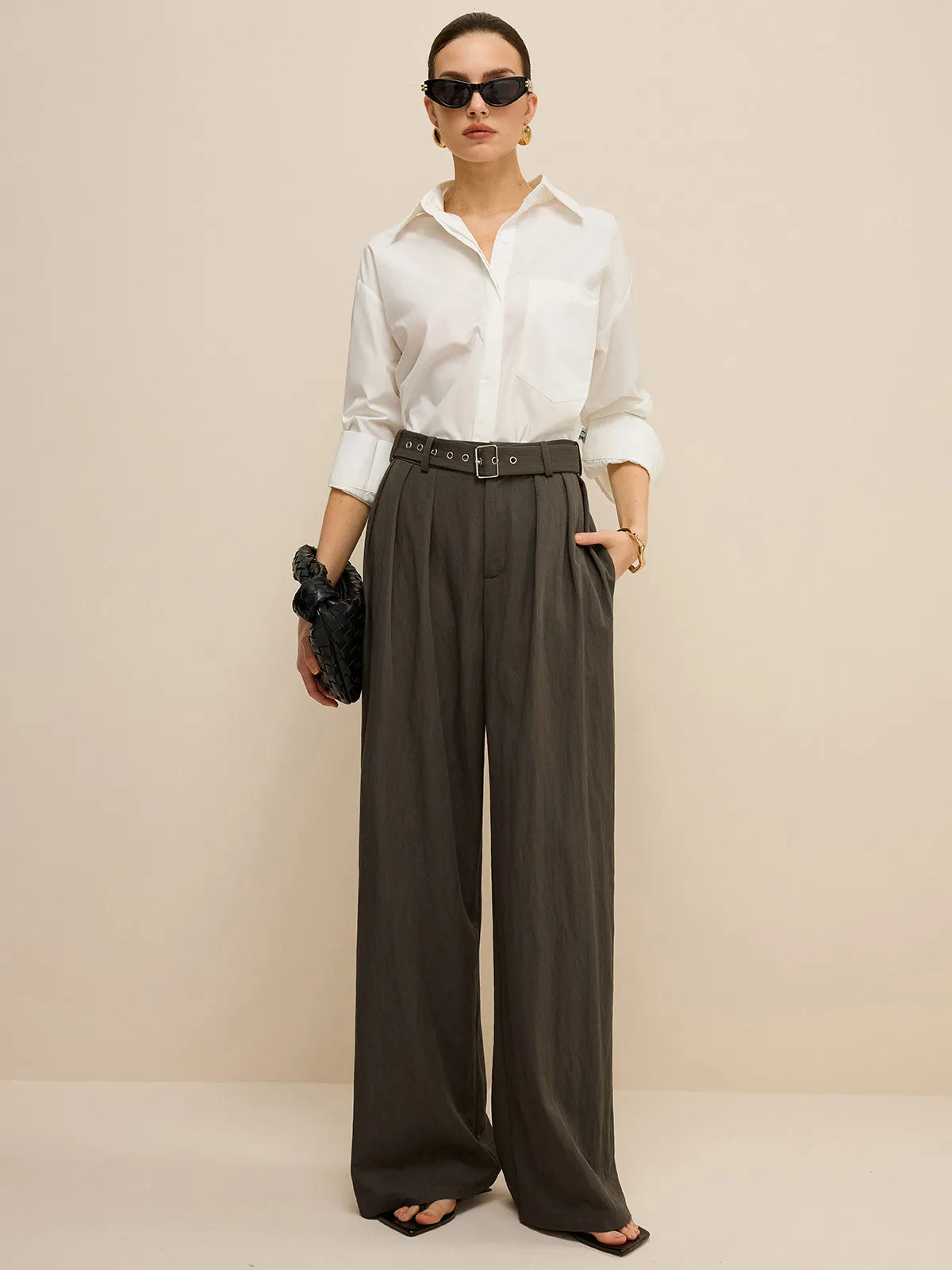 Army Green Belted Pleated Wide-Leg Pants sold by COMMENSE product image thumbnail 3