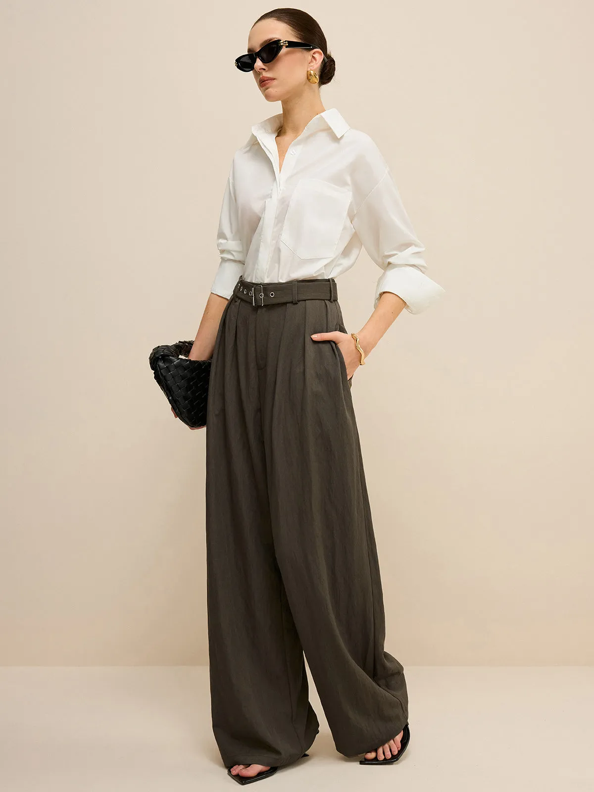 Army Green Belted Pleated Wide-Leg Pants sold by COMMENSE product image thumbnail 2