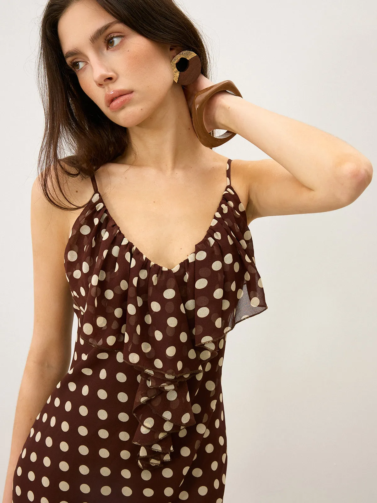 Semi-Sheer Polka Dot Ruffle Cami Maxi Dress sold by COMMENSE product image thumbnail 3