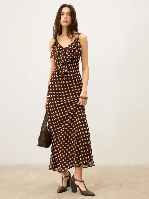 Semi-Sheer Polka Dot Ruffle Cami Maxi Dress sold by COMMENSE