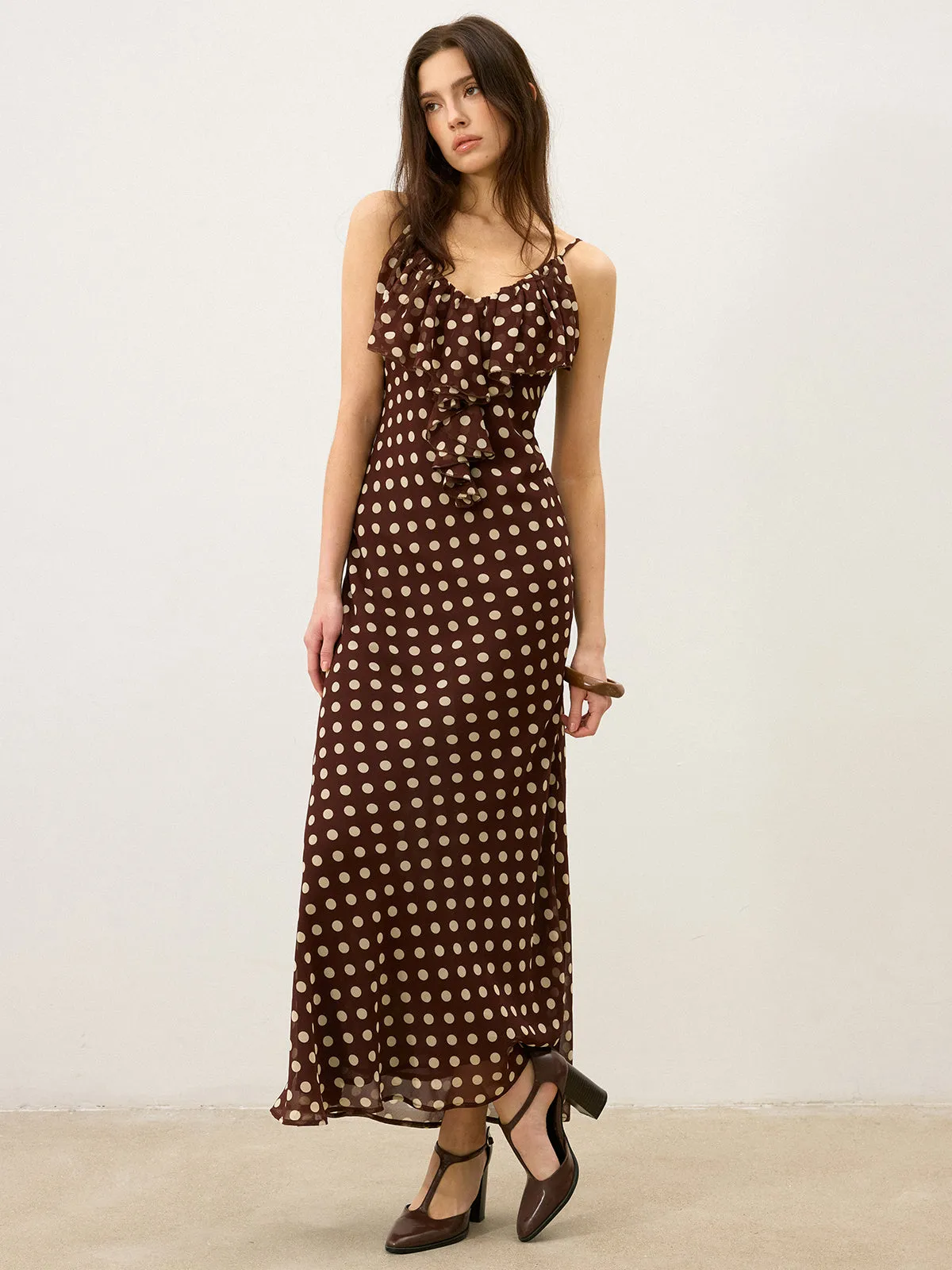 Semi-Sheer Polka Dot Ruffle Cami Maxi Dress sold by COMMENSE product image thumbnail 2
