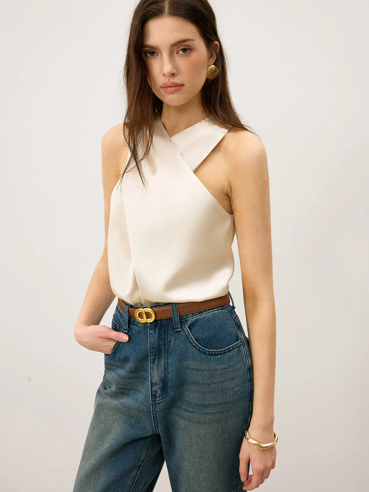 Satin Cross-Over Collar Tank Top sold by COMMENSE product image thumbnail 5