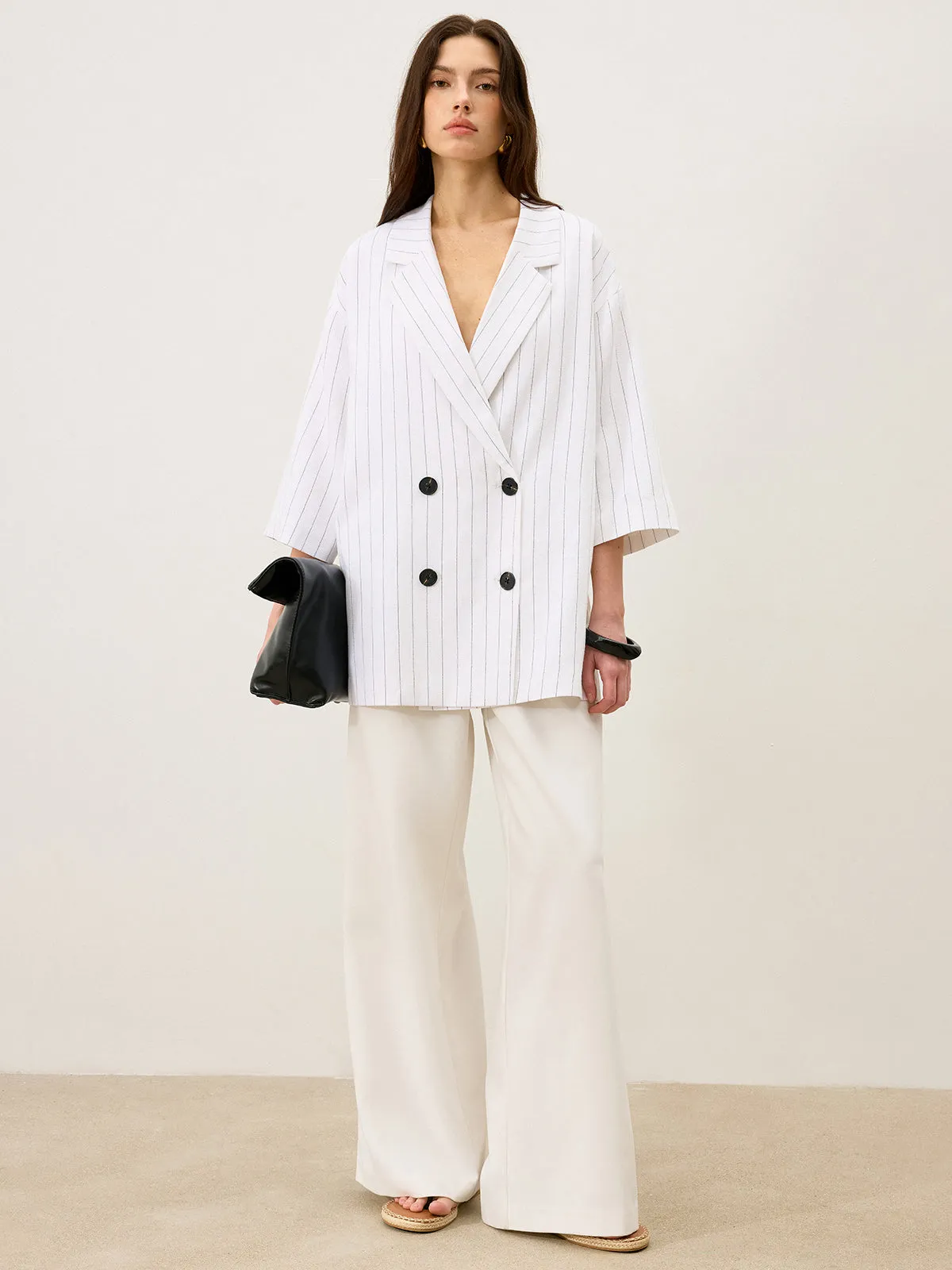 Linen&Cotton Oversized Striped Side Slit Double-Breasted Blazer sold by COMMENSE product image thumbnail 2