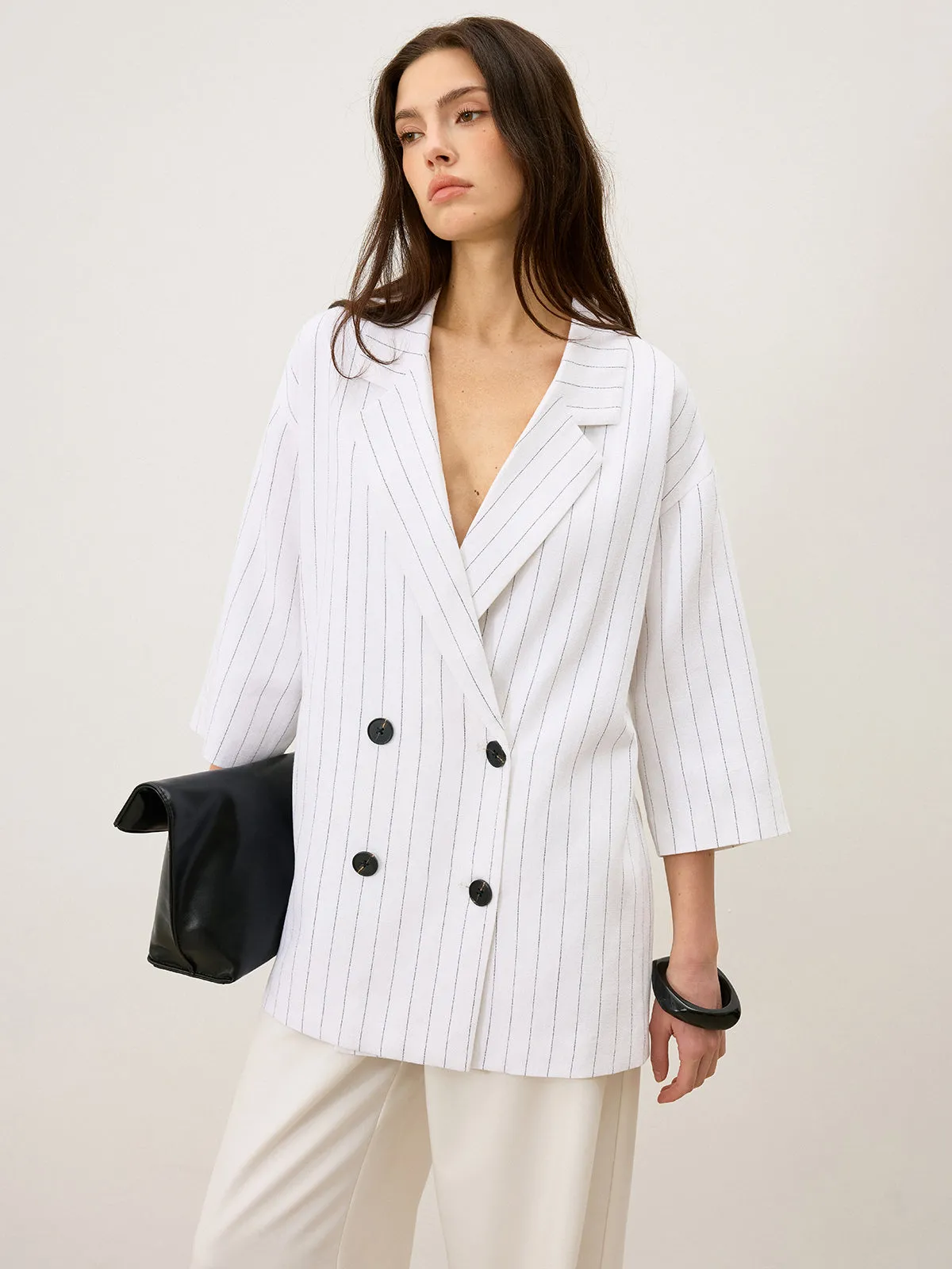Linen&Cotton Oversized Striped Side Slit Double-Breasted Blazer sold by COMMENSE product image thumbnail 3