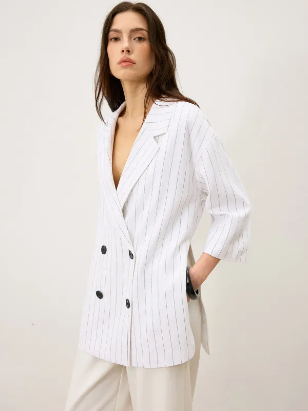 Linen&Cotton Oversized Striped Side Slit Double-Breasted Blazer sold by COMMENSE