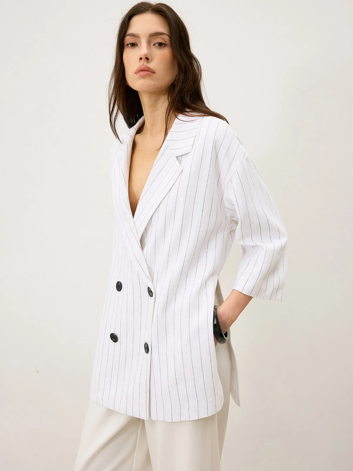 Linen&Cotton Oversized Striped Side Slit Double-Breasted Blazer sold by COMMENSE