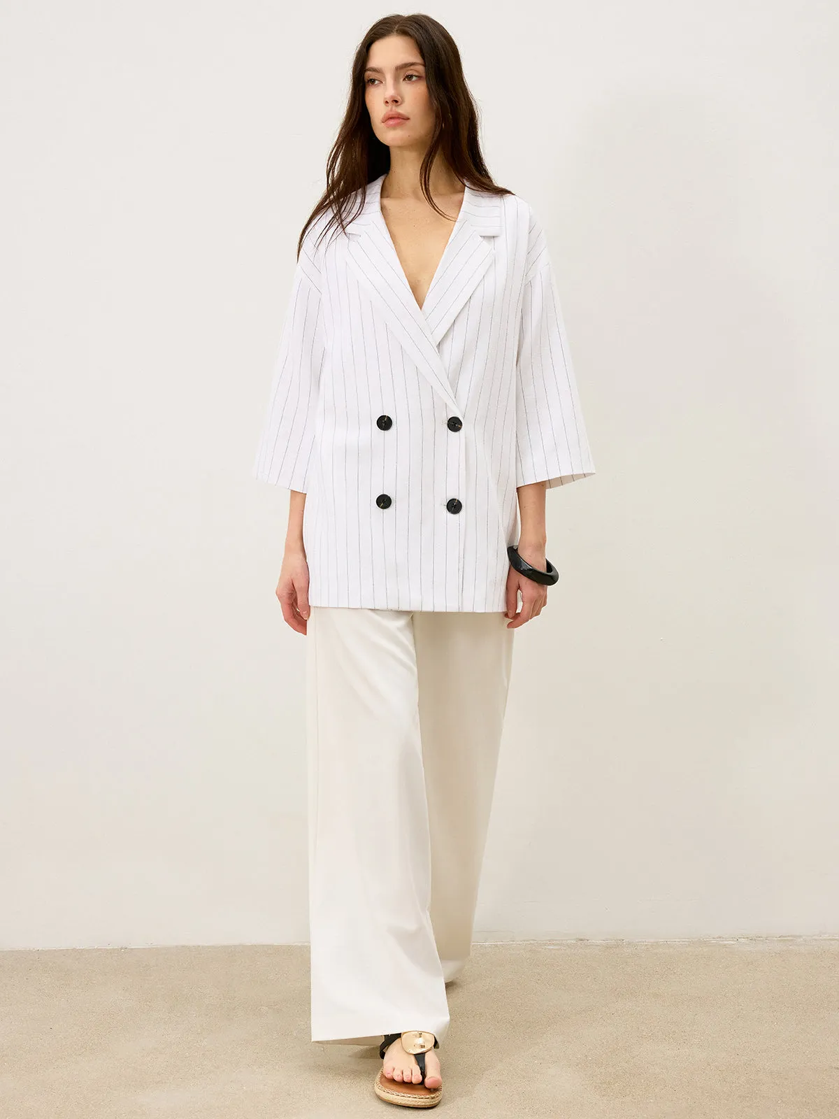 Linen&Cotton Oversized Striped Side Slit Double-Breasted Blazer sold by COMMENSE product image thumbnail 5