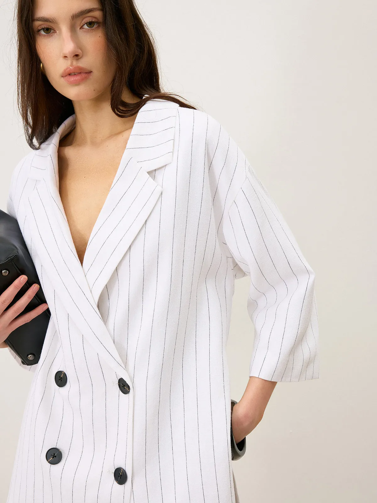 Linen&Cotton Oversized Striped Side Slit Double-Breasted Blazer sold by COMMENSE product image thumbnail 4