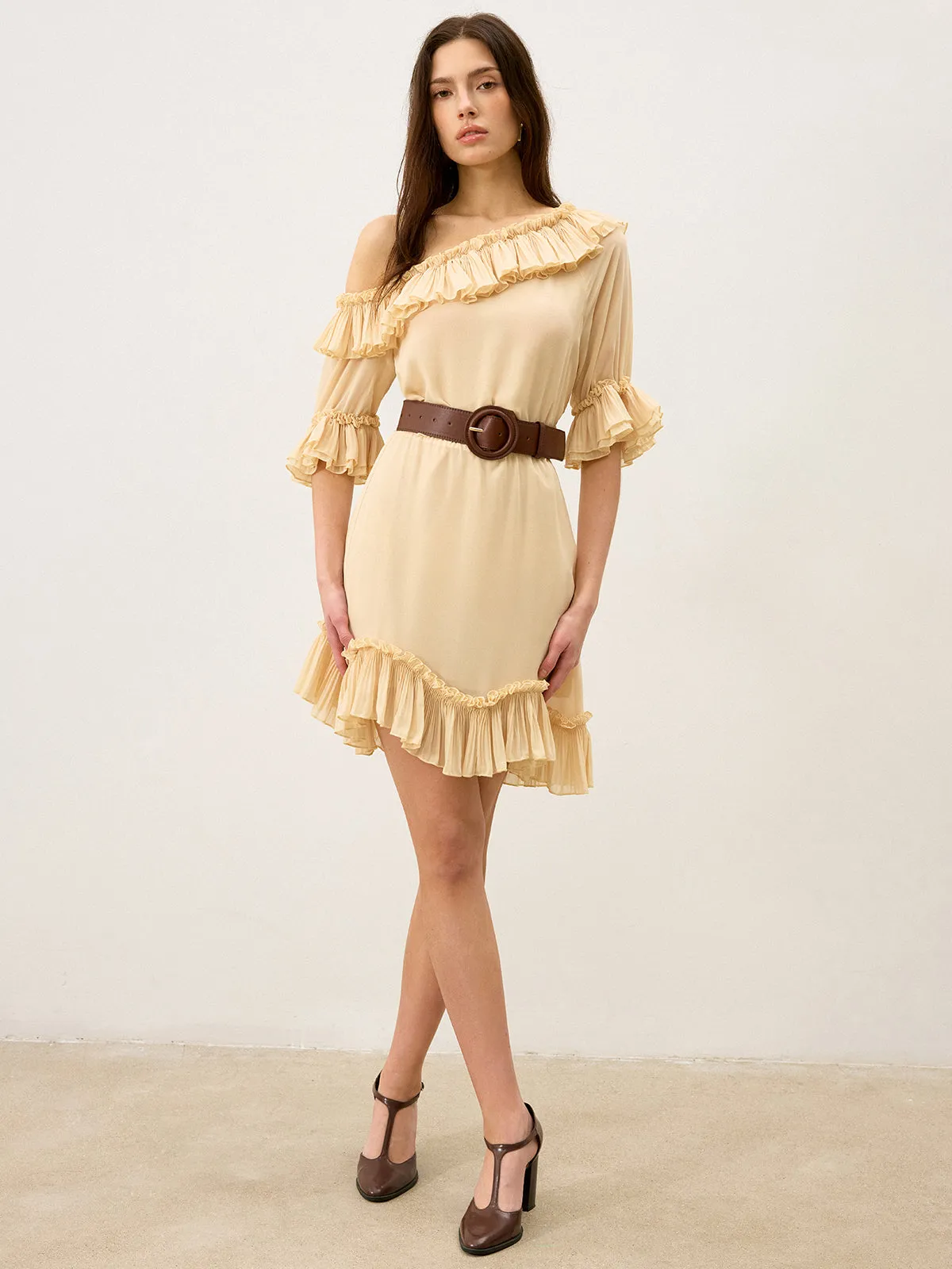 Semi-Sheer Chiffon One-Shoulder Ruffled Mini Dress sold by COMMENSE product image thumbnail 5