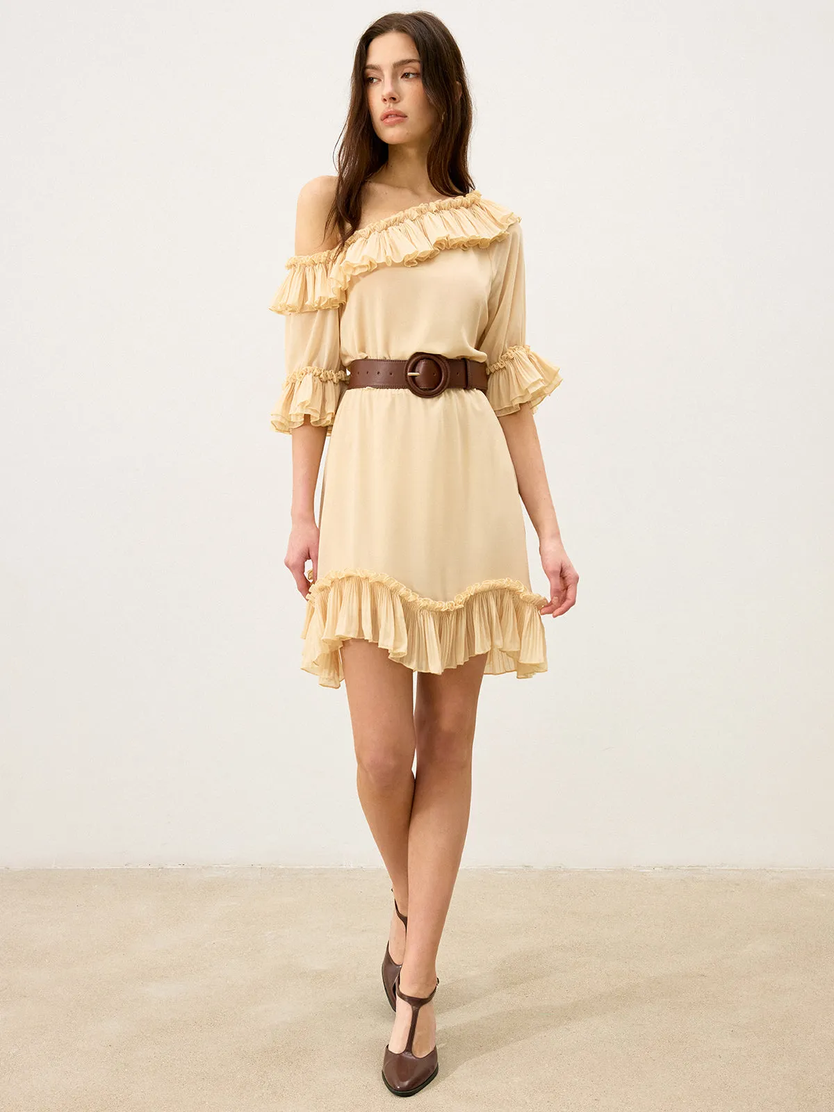 Semi-Sheer Chiffon One-Shoulder Ruffled Mini Dress sold by COMMENSE