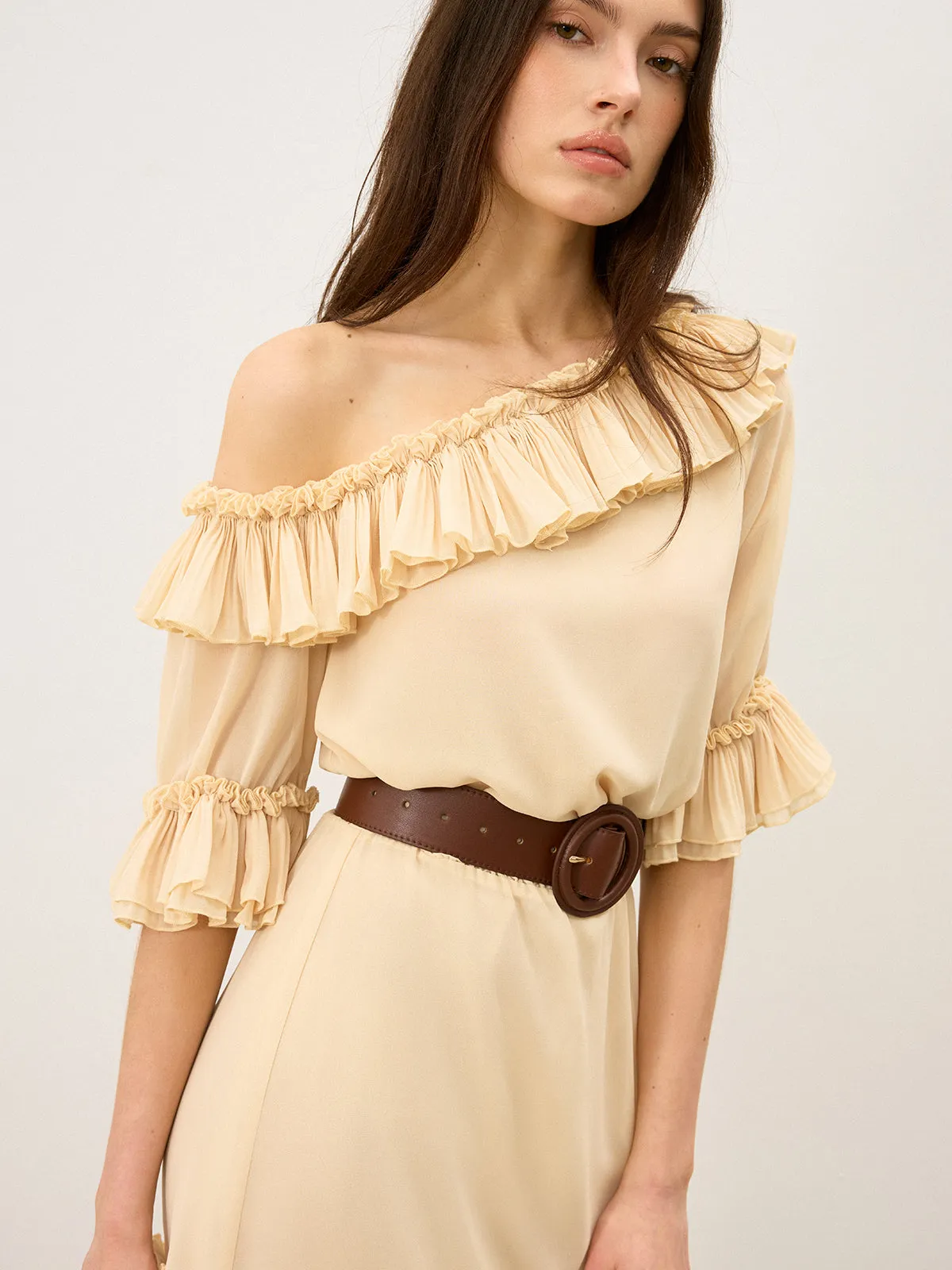 Semi-Sheer Chiffon One-Shoulder Ruffled Mini Dress sold by COMMENSE product image thumbnail 4