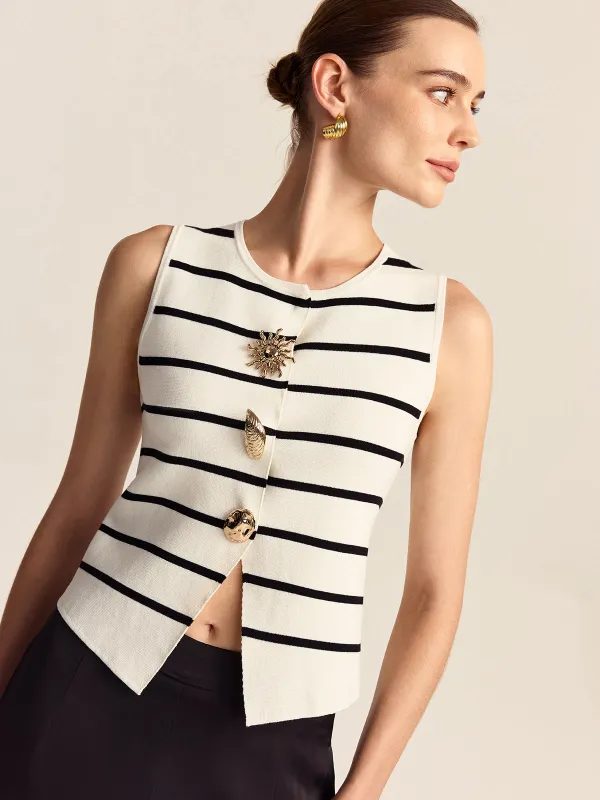 Striped Metal Button Sleeveless Sweater Vest sold by COMMENSE