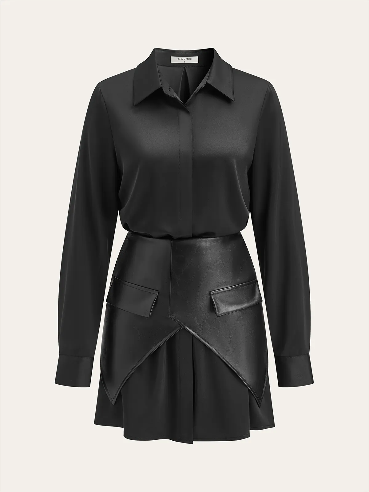 Satin Shirt Dress with Faux Leather Overlay sold by COMMENSE