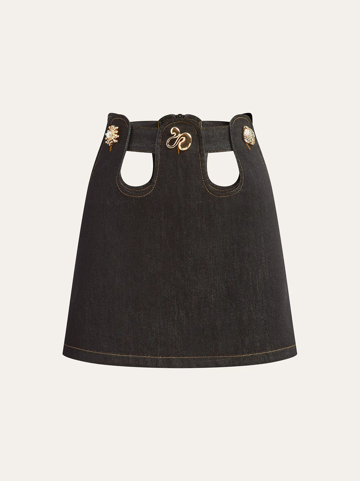 Metal Decor Cut-Out Denim Mini Skirt sold by COMMENSE
