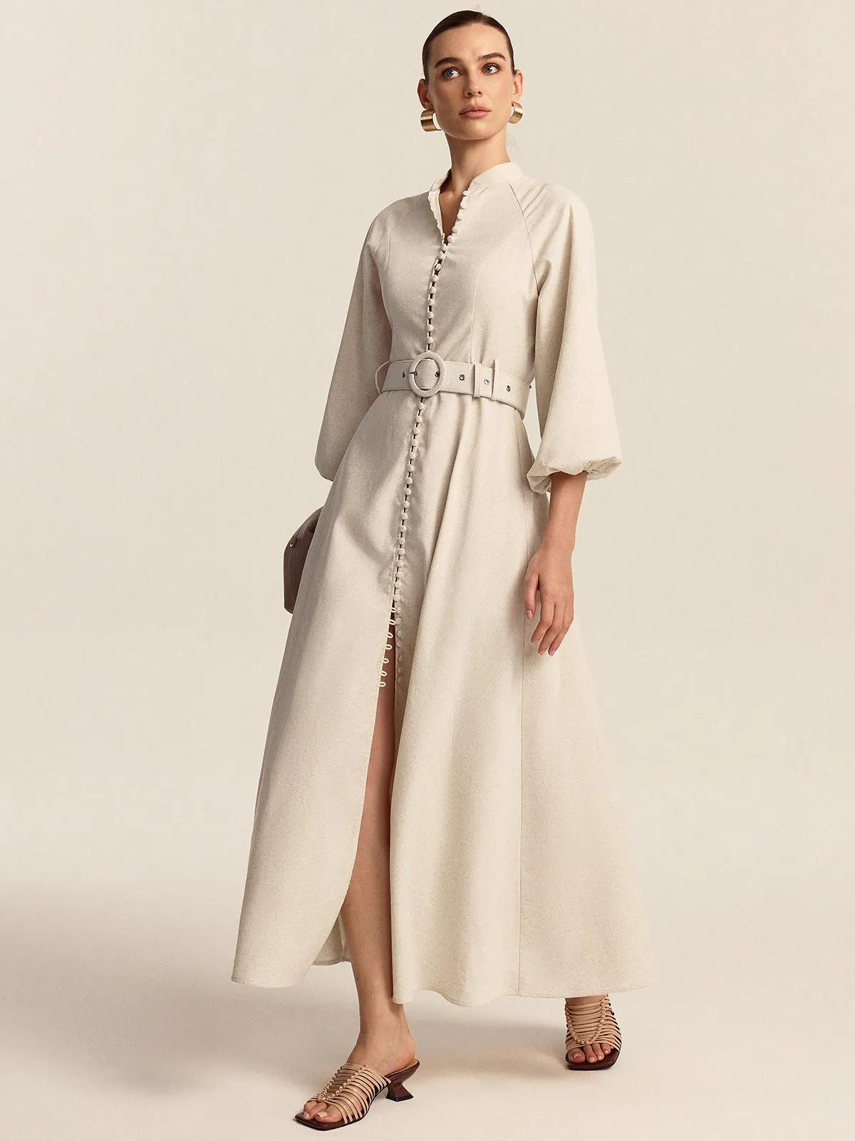 Belted Button Front Maxi Dress sold by COMMENSE
