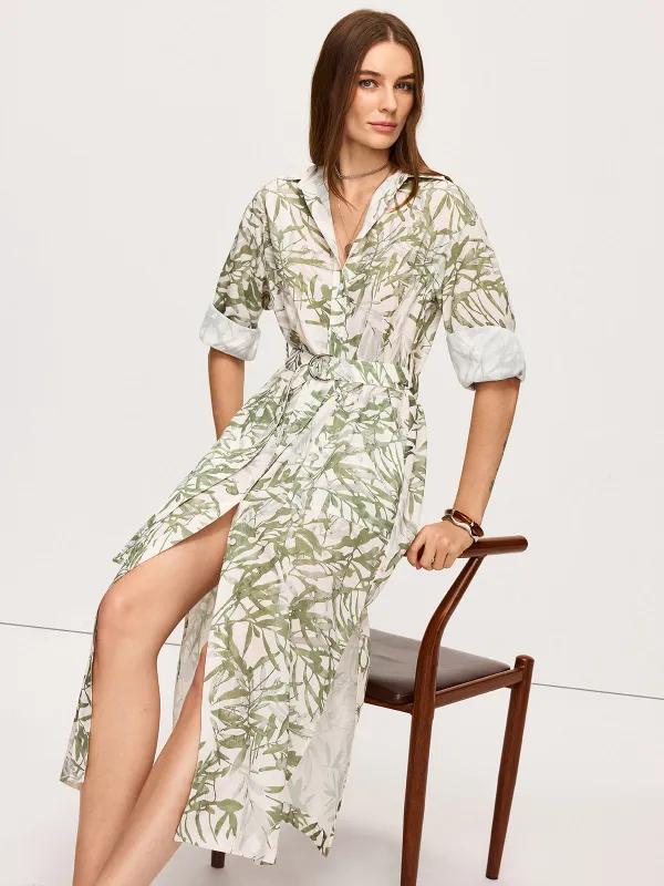 Leaf Printed  Belted Midi Dress with Slits sold by COMMENSE
