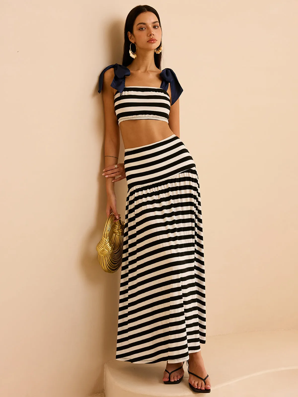 Striped Skirt Set with Bow Straps sold by COMMENSE