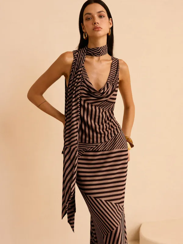 Striped Draped Neckline Skirt Set sold by COMMENSE