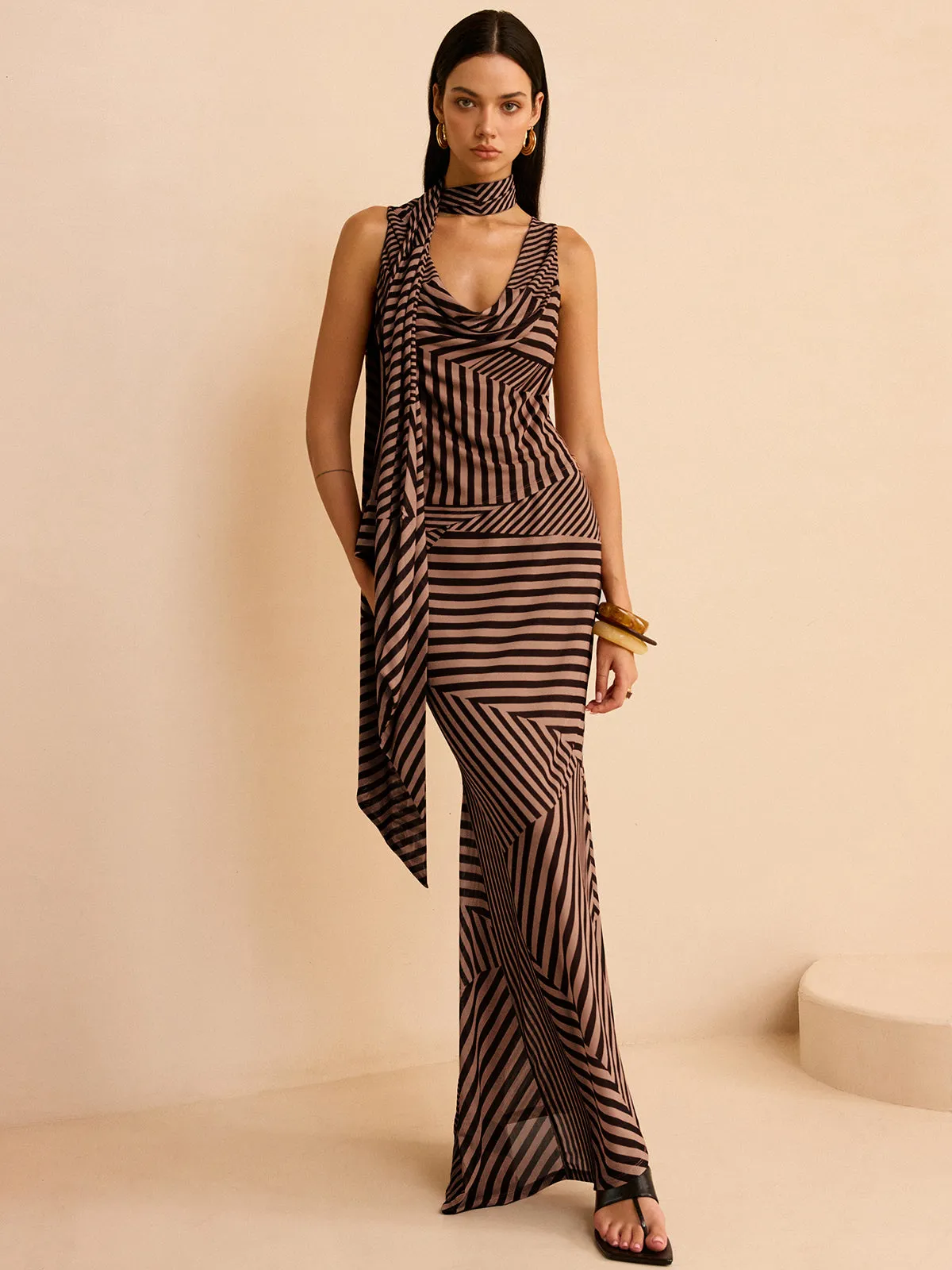 Striped Draped Neckline Skirt Set sold by COMMENSE product image thumbnail 3