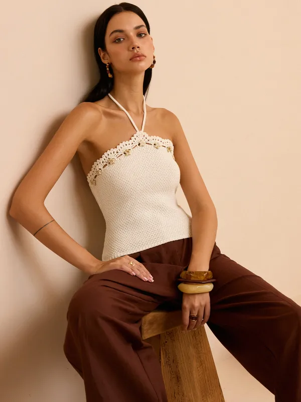 Crochet Halter Top with Floral Trim sold by COMMENSE